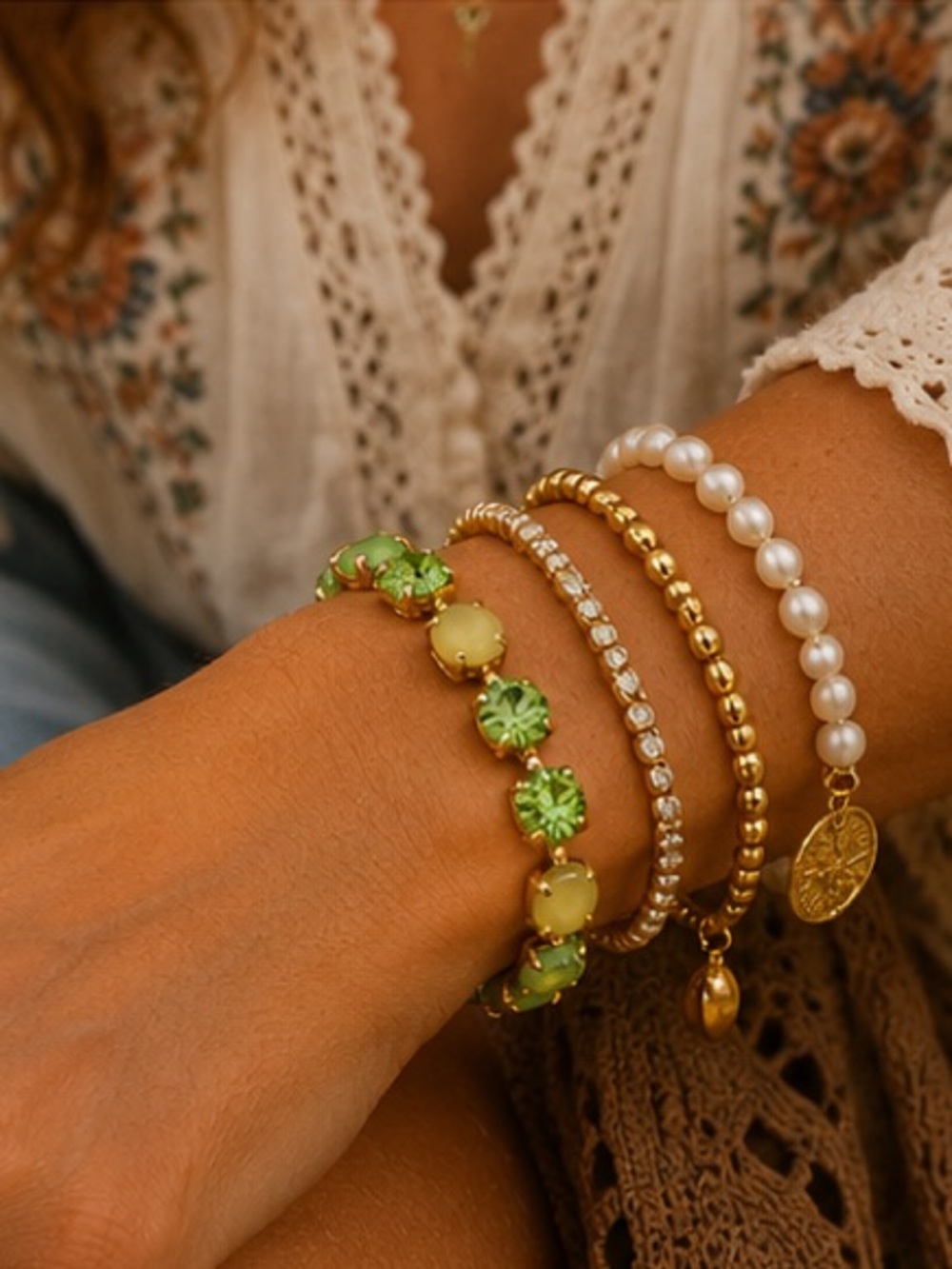 Green Crystal Bracelet Gold Tone Adjustable Rhinestone Bracelet